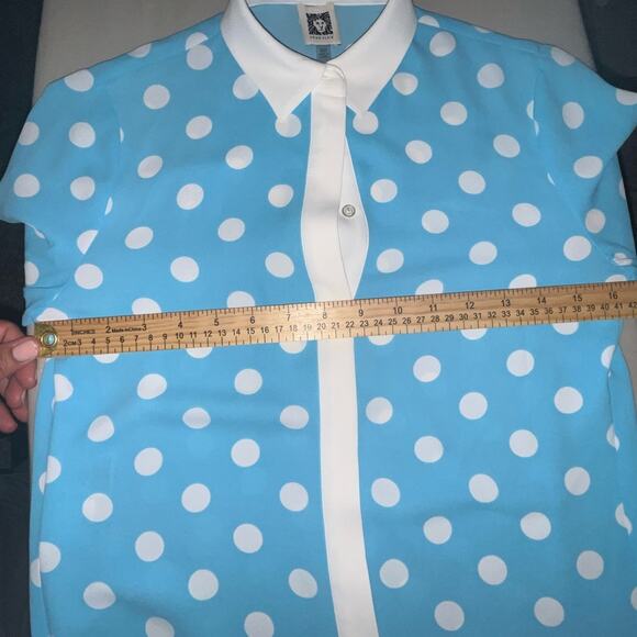 VINTAGE ANNE KLIEN POLKA DOT BLOUSE WITH SLIT CUFF SIREN BLUE/NYC WHITE SIZE XS - Picture 7 of 13